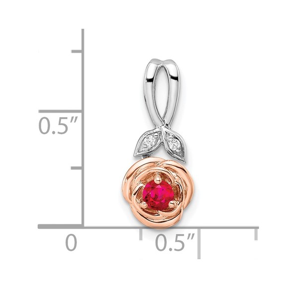 14K Two-tone White & Rose Red Ruby & Diamond Flower Necklace Charm Pendant - Picture 3 of 4